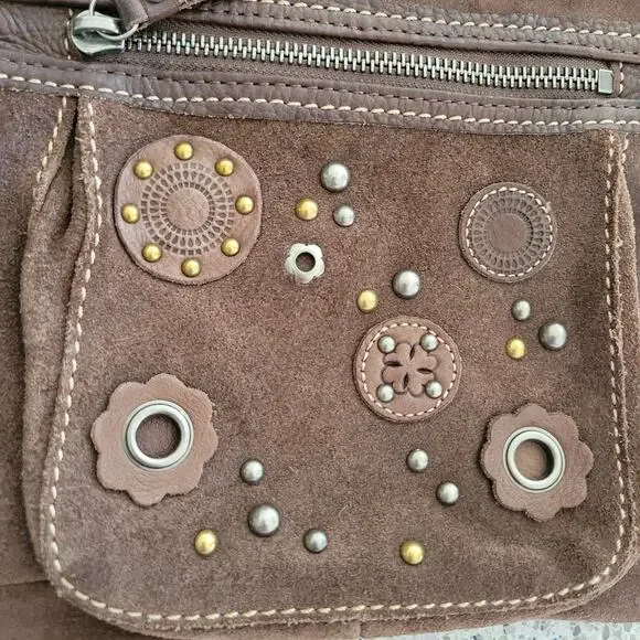 Fossil Brown Leather Suede Crossbody Bag Floral Stud Grommet Applique Full Zip - Picture 6 of 15